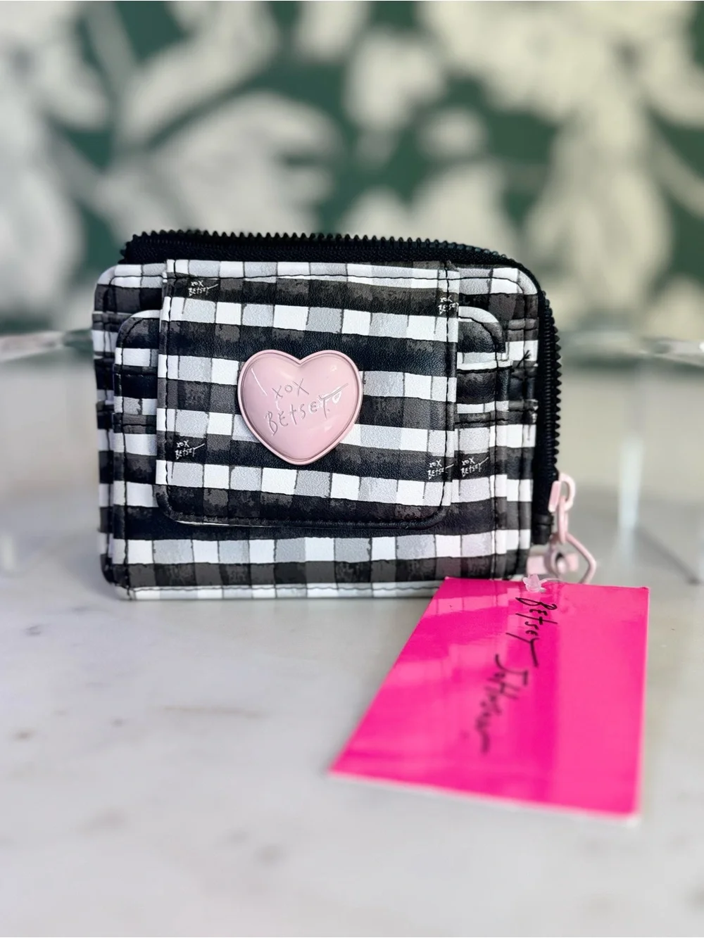 Betsey Johnson Black and White Gingham Wallet with Pink Heart Accent